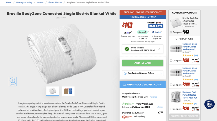 The Good Guys: Breville BodyZone Connected Single Electric Blanket White – $143 -> $138 with Price Beat